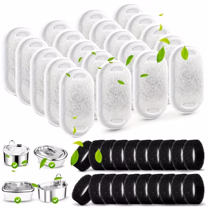 32pcs Cat Water Fountain Filter Set, 16pcs Filters + 16pcs Sponges - Compatible with 108/3.2L and 67oz/2L Pet Drinking Fountains, Easy Design, Easy Installation, Suitable for Automatic Cat & Dog Water Dispensers, Without Battery